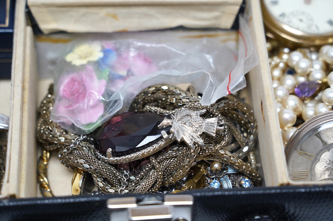 A yellow metal and gem set bar brooch and a quantity of assorted costume jewellery and two pocket watches including silver open face. Condition - fair